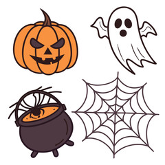 Spooky Halloween Icons Orange Pumpkin Ghost Spider Cauldron
