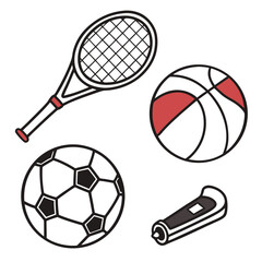 Sports equipment collection with balls and racket soccer ball
