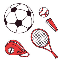 Sports equipment collection soccer ball tennis racket