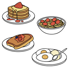 Stacked pancakes with strawberry toast and eggs blueberry