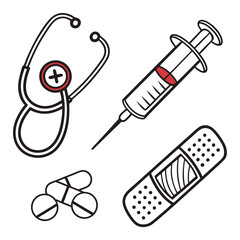 Stethoscope syringe bandage pills medical icons vector