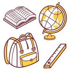 School supplies open book globe ruler backpack education learning