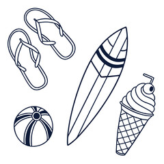 Summer vacation beach items outline flip flops surfboard