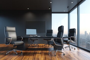 Dark modern conference room with city views