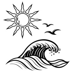 Sun wave and birds icons ocean