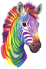 Colorful zebra with vibrant rainbow mane against a white background, showcasing artistic creativity