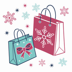 Teal and magenta shopping bags with snowflakes and bow