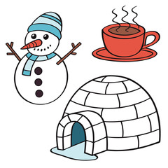 Snowman igloo hot cocoa winter icons cold