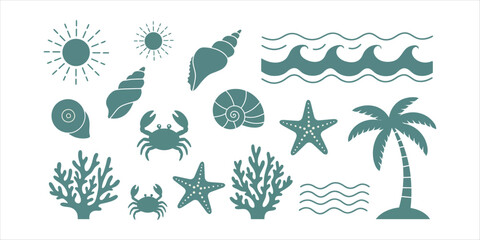 Teal blue ocean beach elements including sun waves starfish crabs shells and palm tree summer vacation
