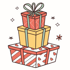 Stacked gift boxes with festive patterns presents holiday