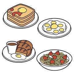 Stacked pancakes with syrup and egg sunny side up fried eggs bread and coffee spaghetti with