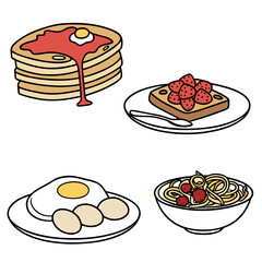 Stacked pancakes with syrup and egg toast with strawberries fried eggs and pasta with meatballs