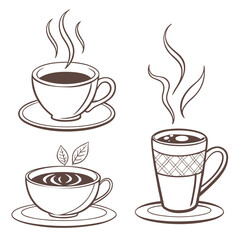 Steaming coffee cups with tea leaves and patterned mug cocoa hot drink