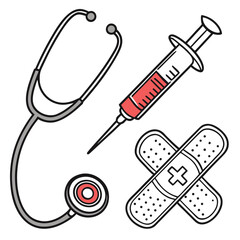 Stethoscope syringe and crossed bandages with red accents medical healthcare