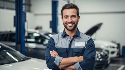 Smiling Mechanic in Blue and Gray Uniform with Arms Crossed in a Garage Setting with Cars