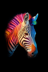 Colorful zebra head with vibrant rainbow mane against a dark background, showcasing artistic expression