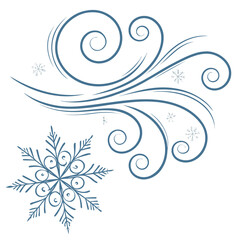 Swirling blue wind lines with snowflakes and ornate snowflake winter