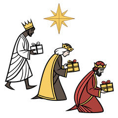 Three Kings bearing gifts under star wise men nativity