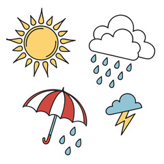 Weather icons sun rain umbrella lightning vector