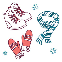 Winter Boots Scarf Mittens Snowflakes vector