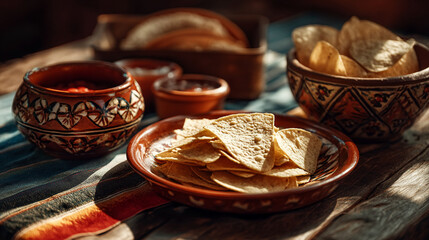 A still life of tortilla chips and salsa in decorative bowls on a striped cloth surface
