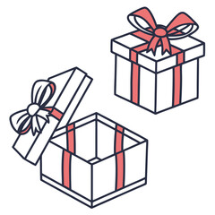 Wrapped and open gift boxes with coral ribbons present open box