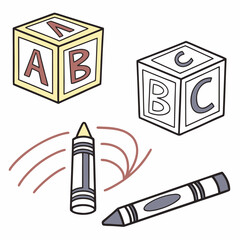 Yellow and blue alphabet blocks with crayons learning education