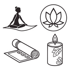 Yoga meditation lotus candle rolled mat icons vector