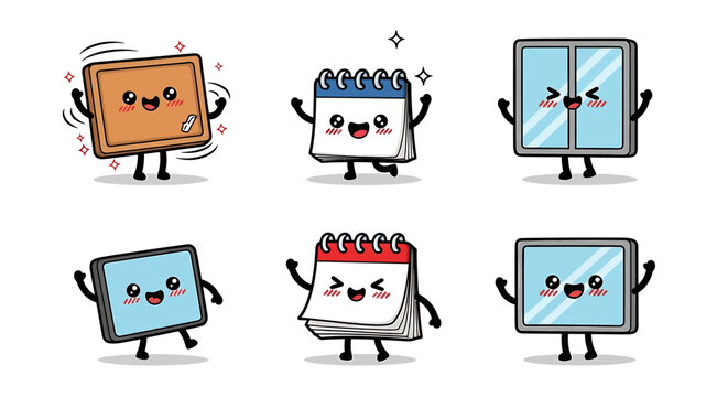 Cute cartoon illustrations of a calendar, window, and door, each with expressive faces and body language.