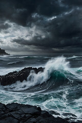 Fototapeta premium Stormy Ocean Waves Crashing Rocks
