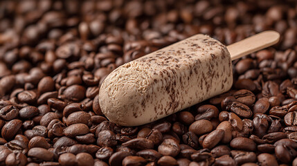 Obraz premium A coffee flavored popsicle resting on a bed of roasted coffee beans in a close up shot