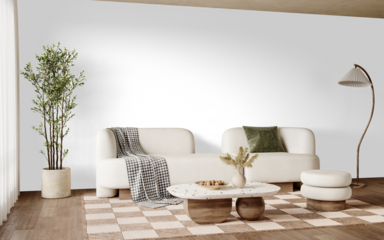 Scandinavian-style sofa with coffee table and indoor plant PNG – realistic shadow and isolated background – Transparent Wall Mockup with Realistic Shadows – 3D render	
