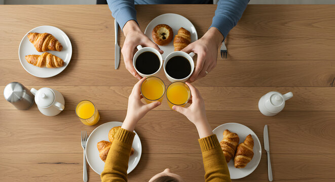 Overhead view of a couple toasting with coffee and orange juice during a breakfast of croissants and pastries on a wooden table.