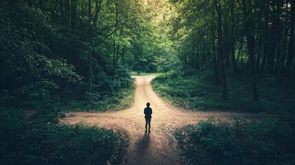A person standing at a crossroads in a forest deciding which path to take symbolizing life change and uncertainty