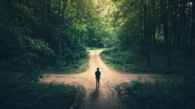 A person standing at a crossroads in a forest deciding which path to take symbolizing life change and uncertainty - Powered by Adobe