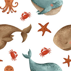 A whimsical and vibrant pattern showcasing various ocean life and marine creatures