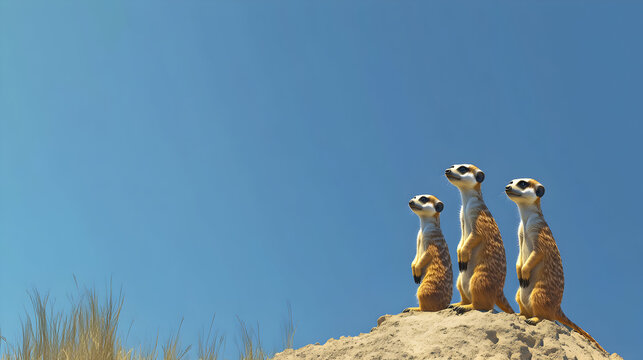 Meerkats Guarding Territory Three vigilant meerkats standing tall on a sunlit sand dune against a clear blue sky, observing the surroundings in a desert environment perfect for wildlife or family