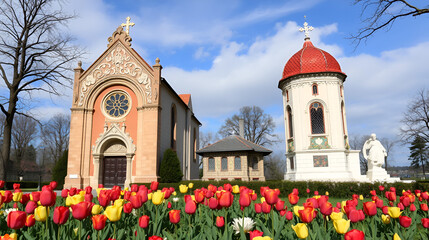 Chapel and tomb in Gomel park. Spring. Many tulips in the Gomel park. The facade of the chapel is made of carved stone and art metal, red unglazed terracotta and multicolor majolica, smalt mosaic.