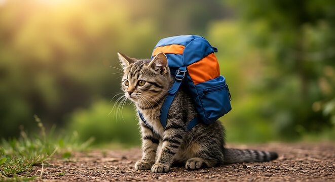 Adorable tabby cat explorer with a miniature backpack on a sunny outdoor trail