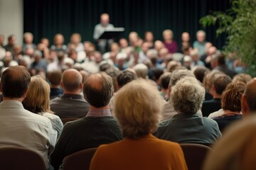 Audience listening to speaker during public event or community meeting indoors