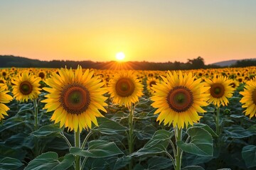Fototapeta premium Sunflower field glowing in golden sunset light with dramatic colorful sky and lush green leaves
