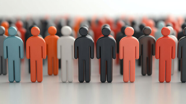 Colorful human icons in rows representing diversity and unity with soft focus background creating calm and organized atmosphere