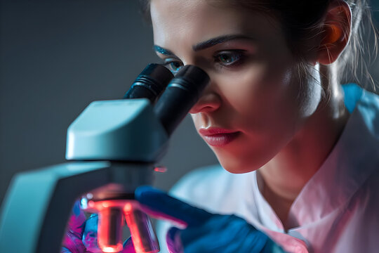 A focused scientist examining sample through microscope in laboratory with blue gloves and white coat .