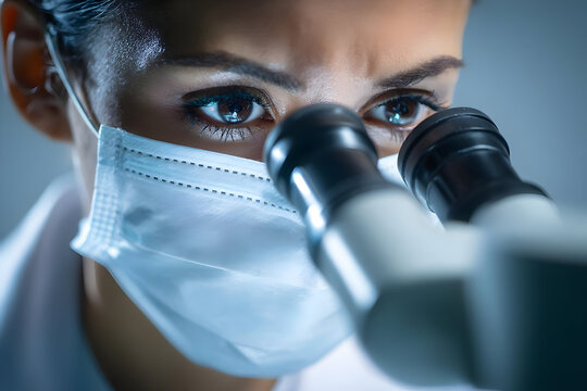 Close up of scientist with mask looking through microscope in a laboratory environment analysis .