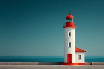 A solitary white lighthouse with red accents stands by a calm sea under a clear blue sky, symbolizing guidance and safety.