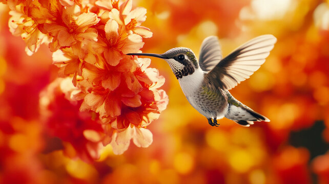 Close up of hummingbird in motion drinking nectar from vibrant orange flowers with warm glowing background