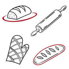 Bakery icons loaf of bread rolling pin oven mitt baking