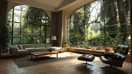 Modern Living Room Minimalist Glass Art Nouveau French Style Sunny Weather Vibrant Accents Crisp Details Radiant Lighting Elegant Design Luxurious Ambiance (AI-Generated)