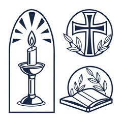 Candle cross and open book icons flame bible