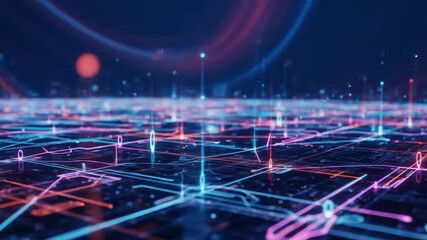 Abstract network map with vibrant neon lines and glowing nodes - Powered by Adobe